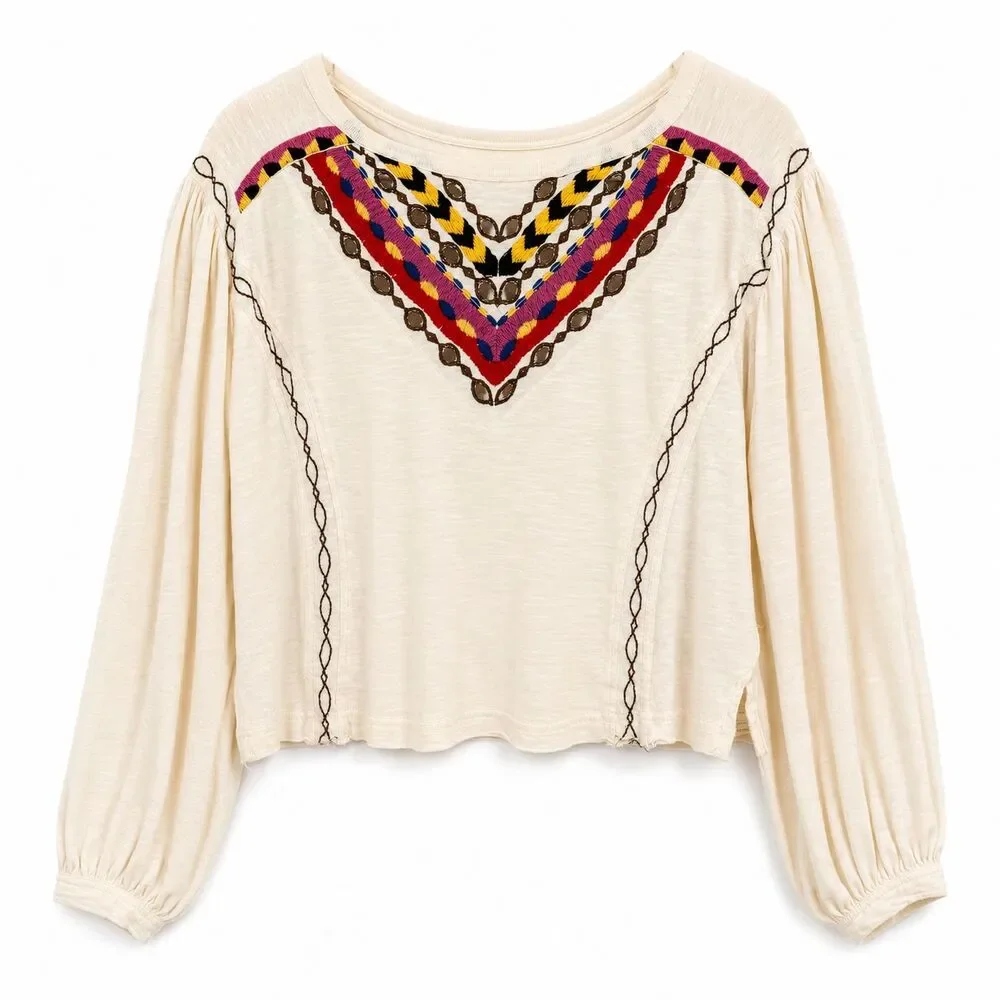 Free People Blouse Womens Small Ivory Embroidered Boho Balloon Sleeve Crop Top